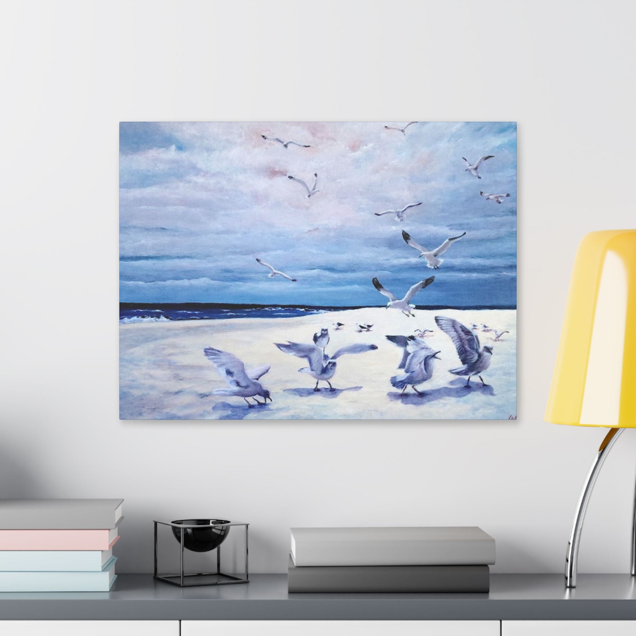 Seascape Artwork of seagulls over water on a wall on a Canvas Print in 2 sizes