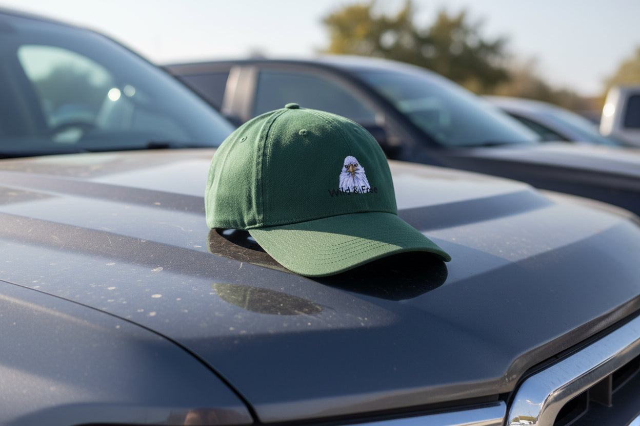 Green cap with an eagle design and 'Wild & Free' text on a green background