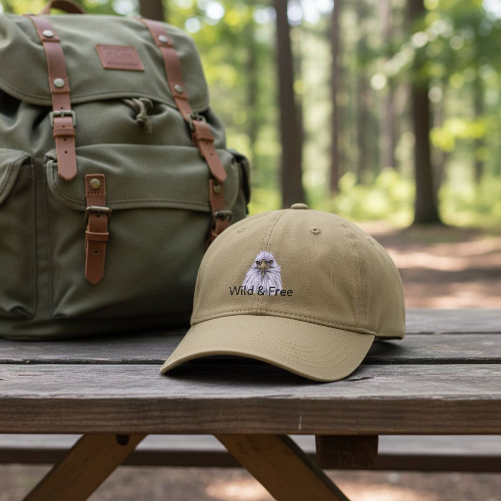 Beige cap with an eagle design and 'Wild & Free' text on a green background