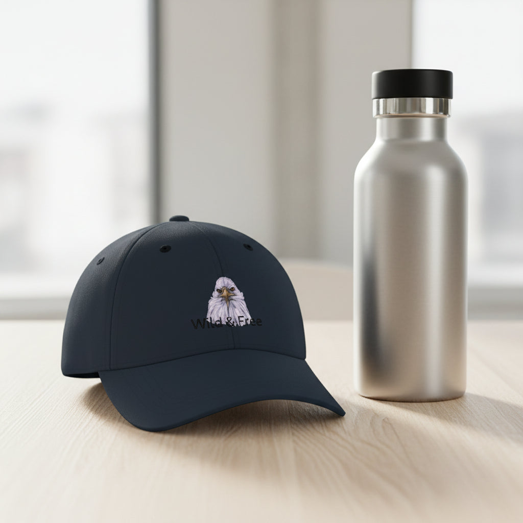 Navy blue cap with an eagle design and 'Wild & Free' text on a green background