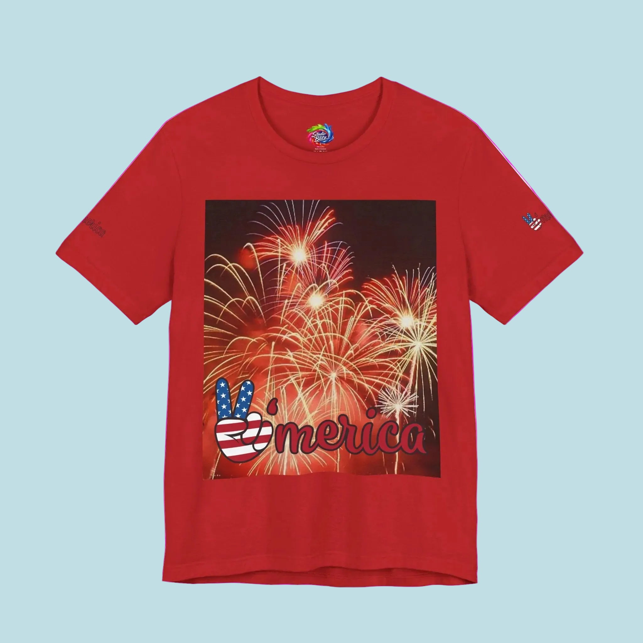 Red t-shirt with a graphic of fireworks and 'Merica text - SX-4XL - 5 colors