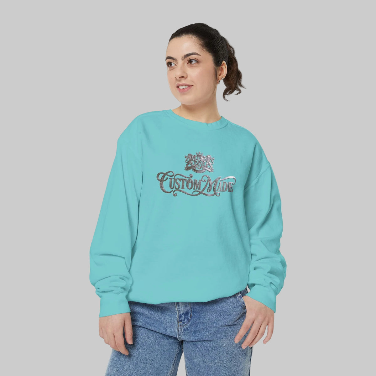 Chalky chalky mint sweatshirt with ornate text design, CUSTOM MADE
