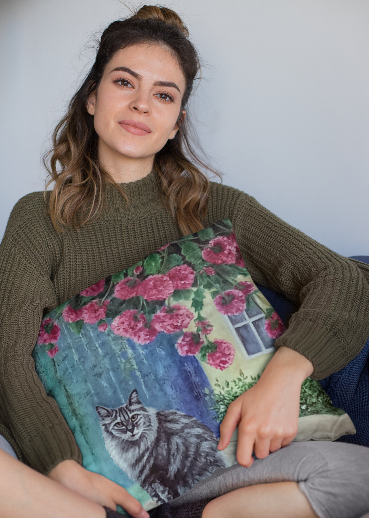 Comfortable throw pillow with zipper of painted charming scene of a cat and hanging flowers