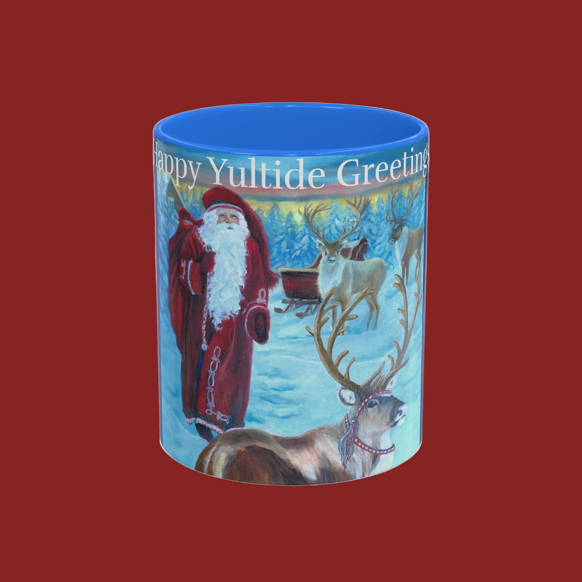 Christmas-themed mug with Santa Claus and reindeer design on a red background