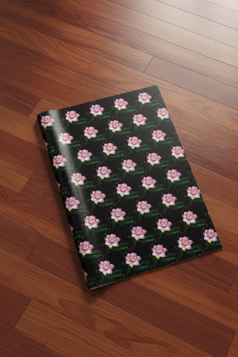 Pink Lotus Blossoms on Black Wrapping Paper in luxury fine art paper