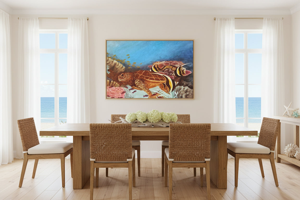 Print on canvas of a turtle and tropical fish in an underwater scene with coral.