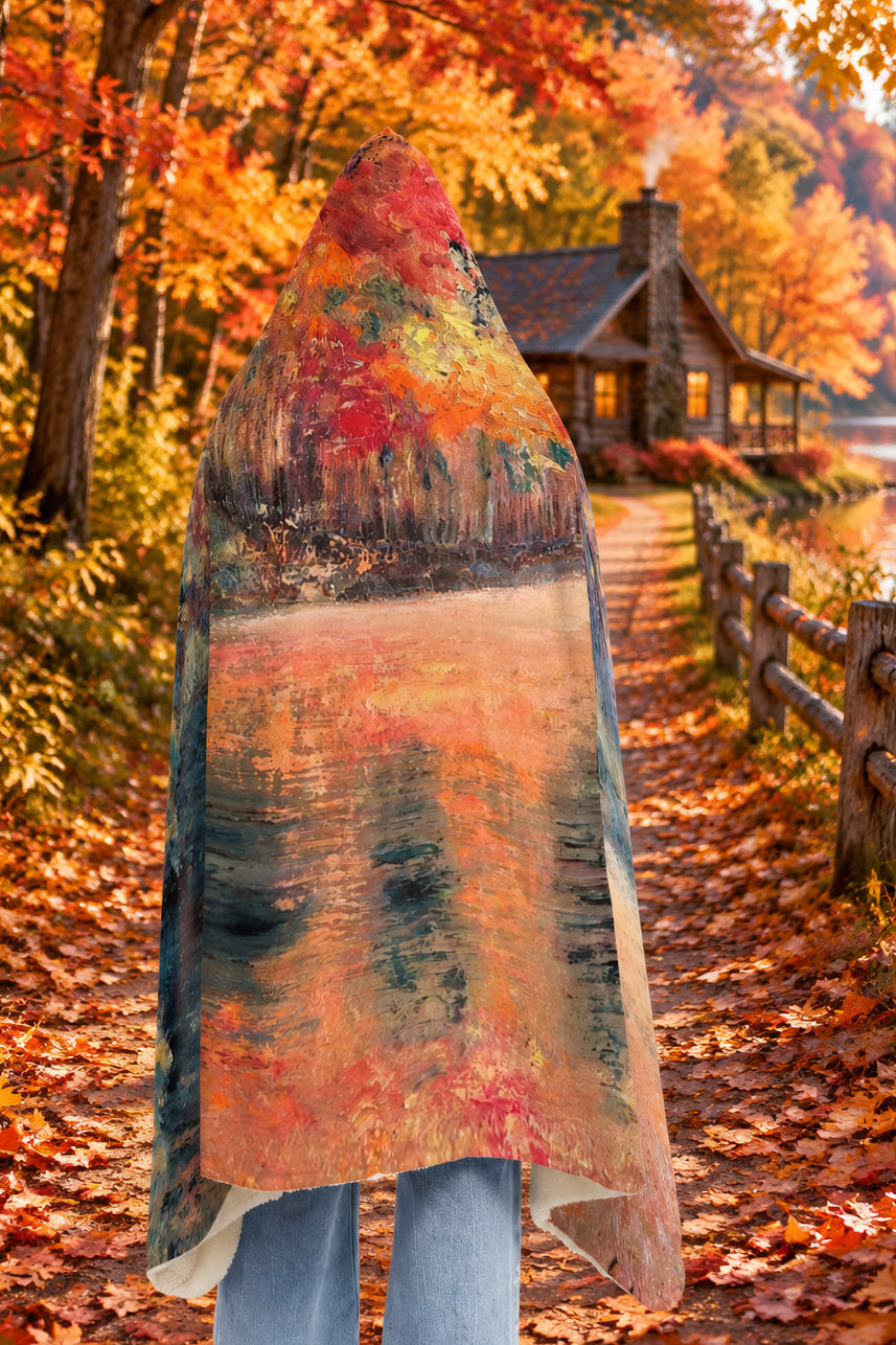 Back view of a hooded blanket or cape featuring an artistic autumn landscape print with red, orange, yellow