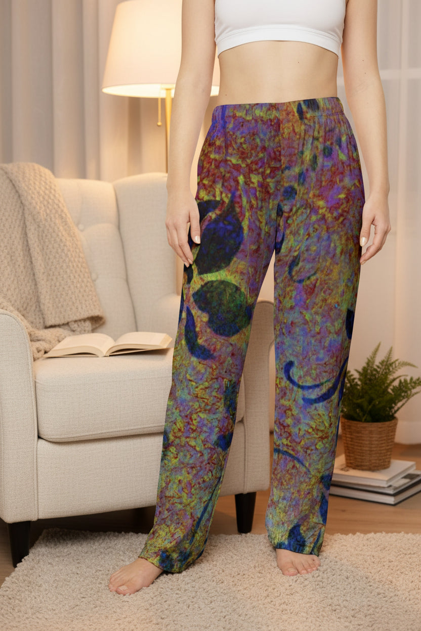 Ladies soft and comfy lounging pants ankle-length pants with an abstract multicolor design 100% Brushed Polyester