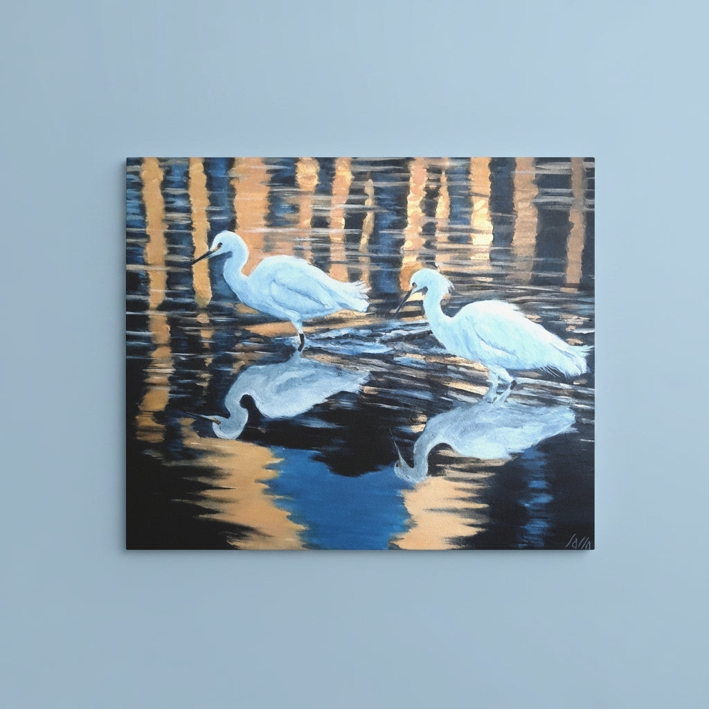 Canvas Print in 3 sizes of a pair of beautiful Egrets in a reflective water at sunset