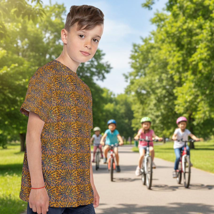 vibrant pattern design for this kids' sports jersey with ribbed collar and armholes