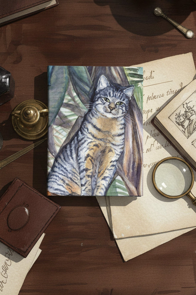 Cat Journal sitting on a table with 128 pages of ruled lines - convenient 5" x 7"