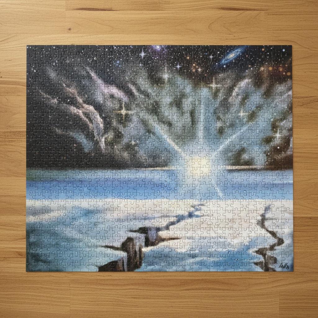 Futuristic landscape with a bright light source and starry sky.