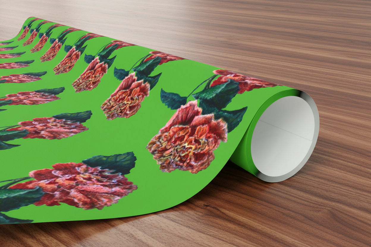 Roll of floral wrapping paper with Pink Double Hibiscus Flowers on a green background in smooth matte or high gloss finish