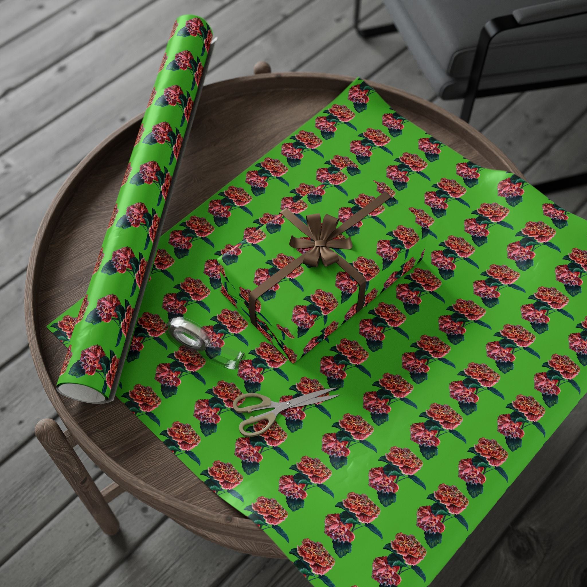 Green floral-patterned Custom hand painted gift wrap comes in 3 sizes in glossy or matte finish
