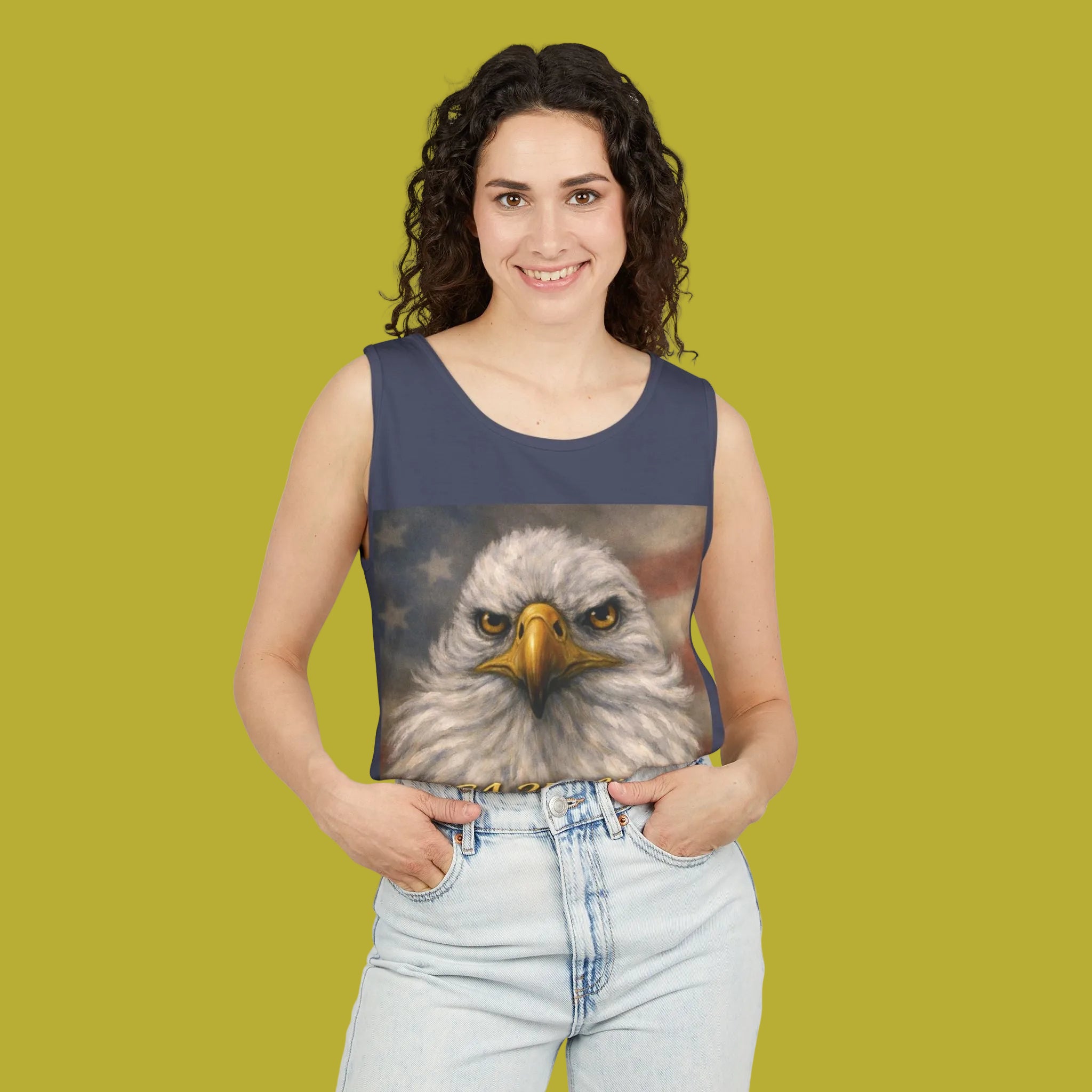 Woman wearing a tank top with an eagle painting by Studio Blitz and USA Flag