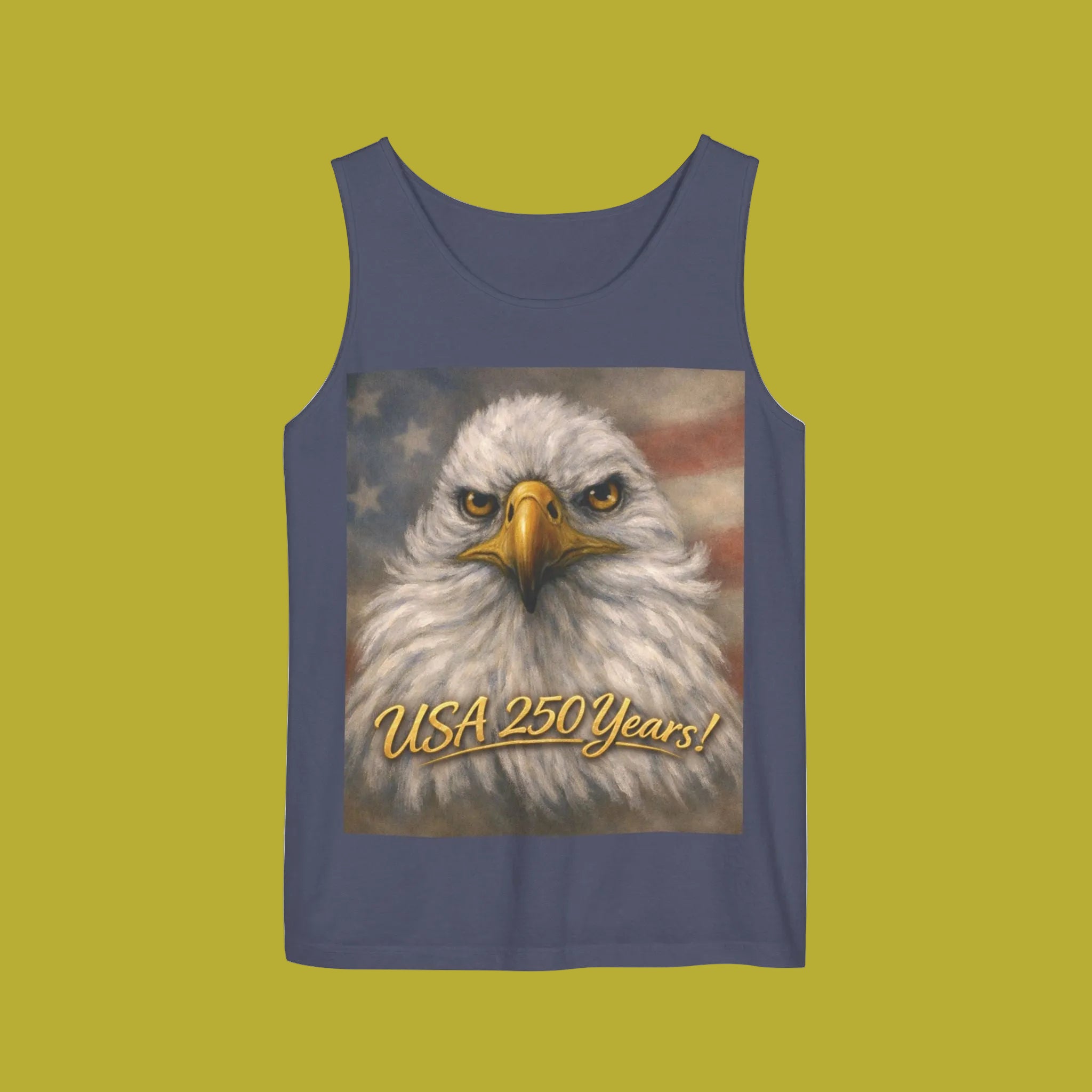 Denim tank top with an eagle painting and 'USA 250 Years!' Front and back