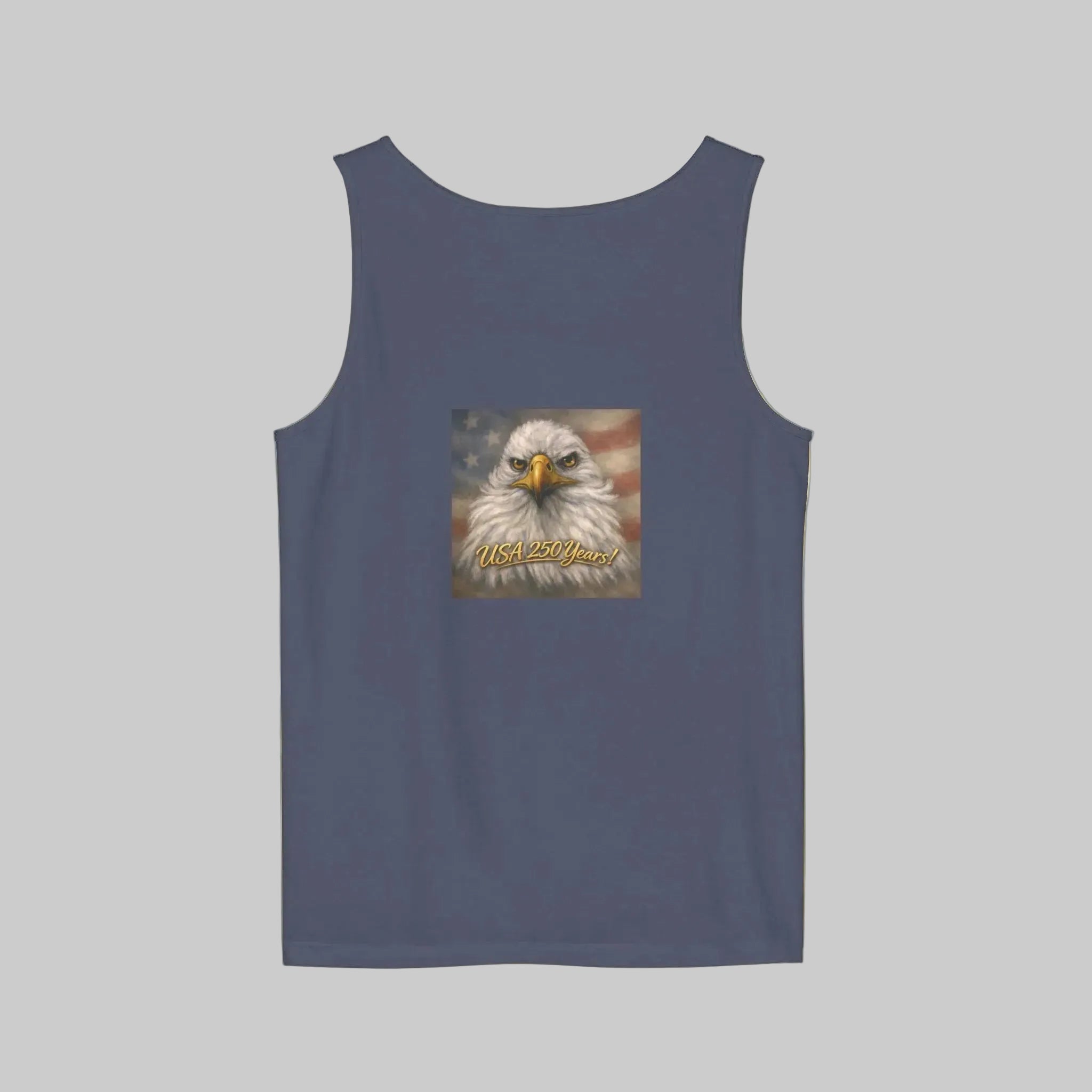 Denim color tank top with an American bald eagle