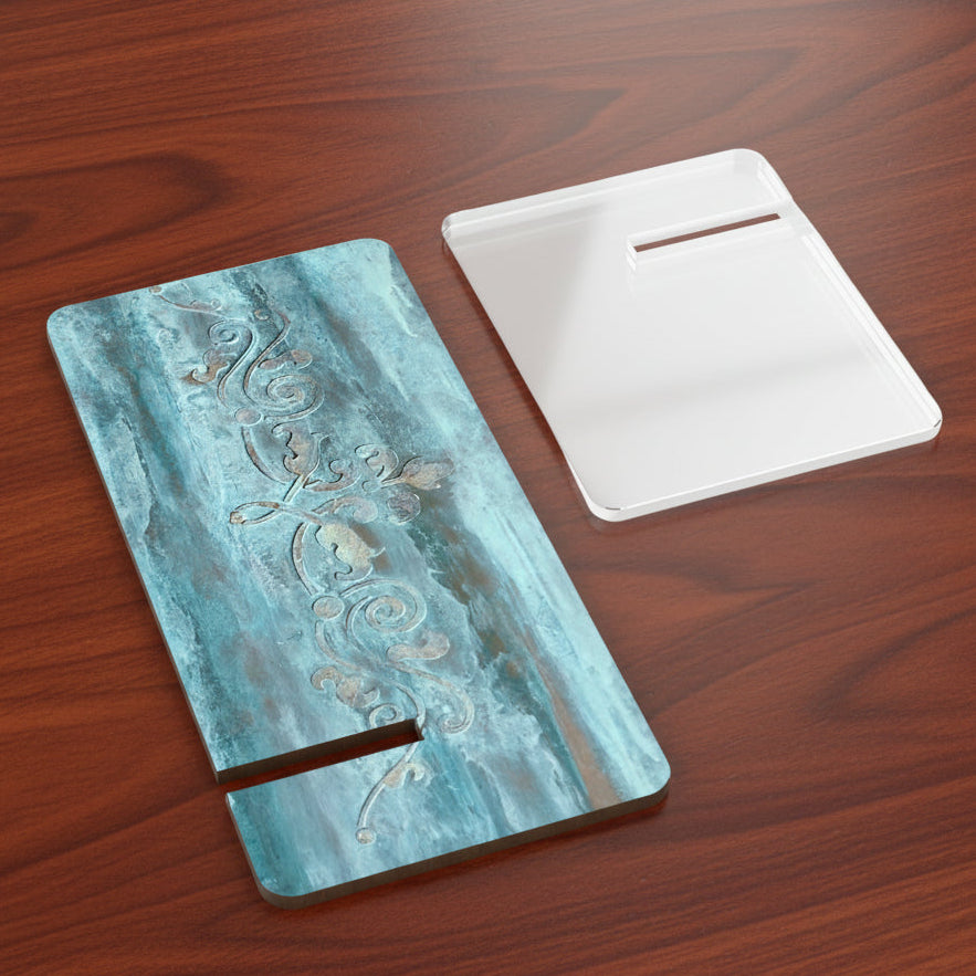 Teal Decorative smart phone stand with scroll easy and quick to assemble