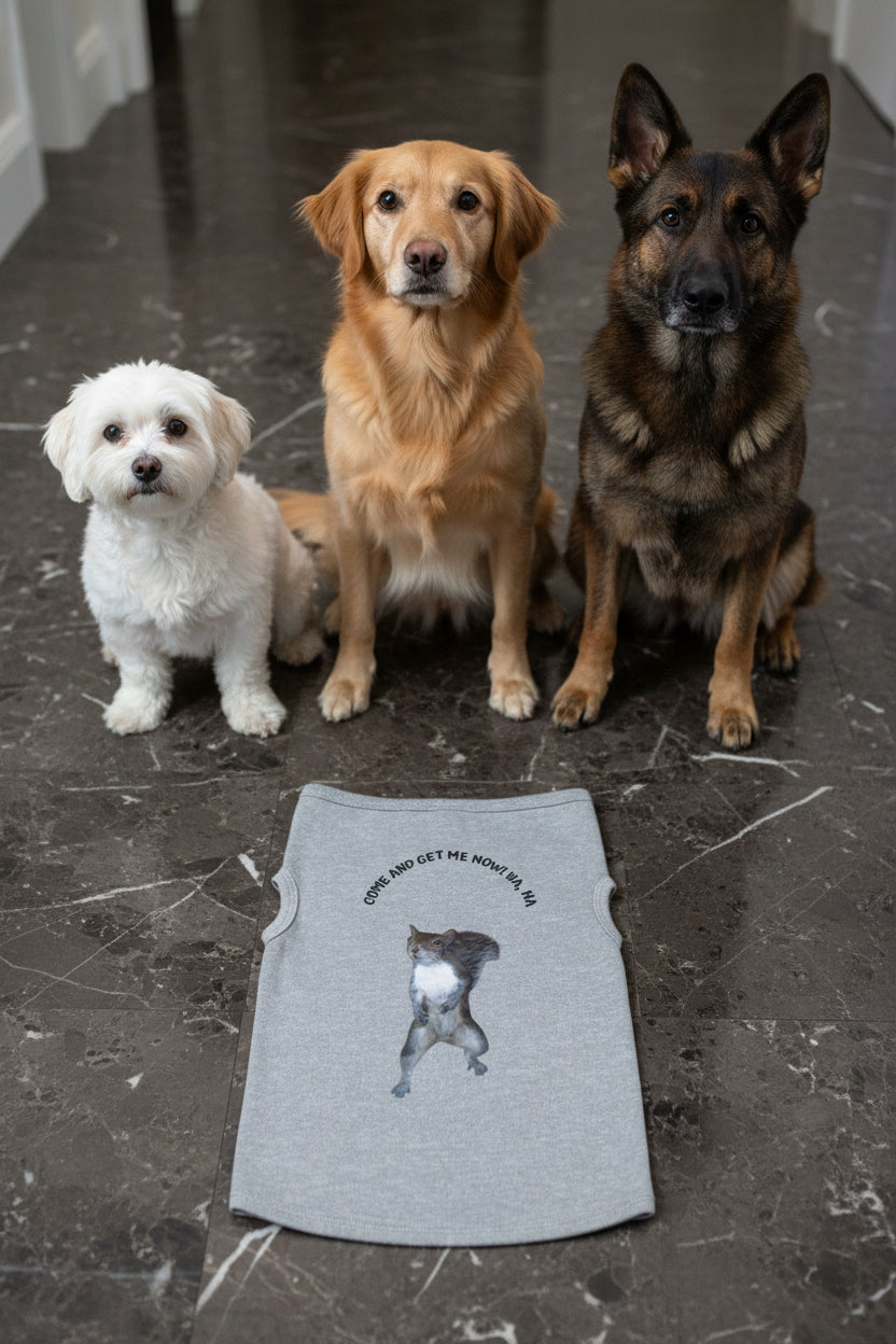 Pet Tank Top with a squirrel graphic and text for dogs of all sizes