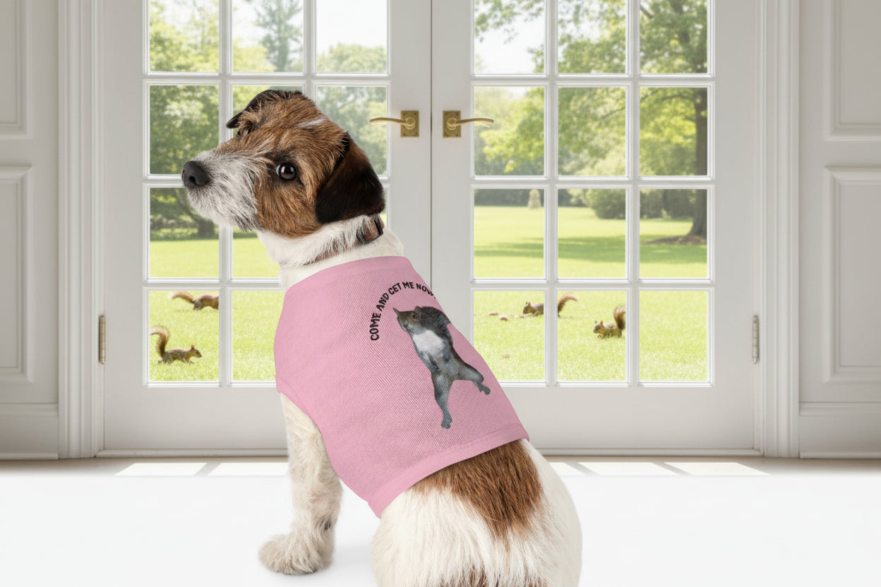 Dog tank top in pink with a squirrel graphic and text in M, L, XL