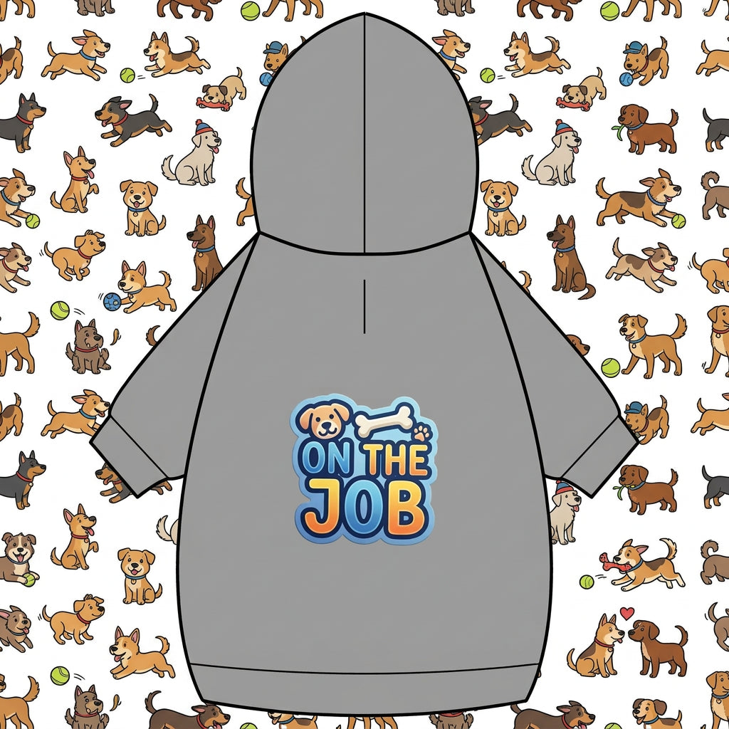 A gray hooded pullover shown from the back, featuring a colorful graphic print on the center back with a cartoon dog head, a bone, and the words 'ON THE JOB' in blue and orange.