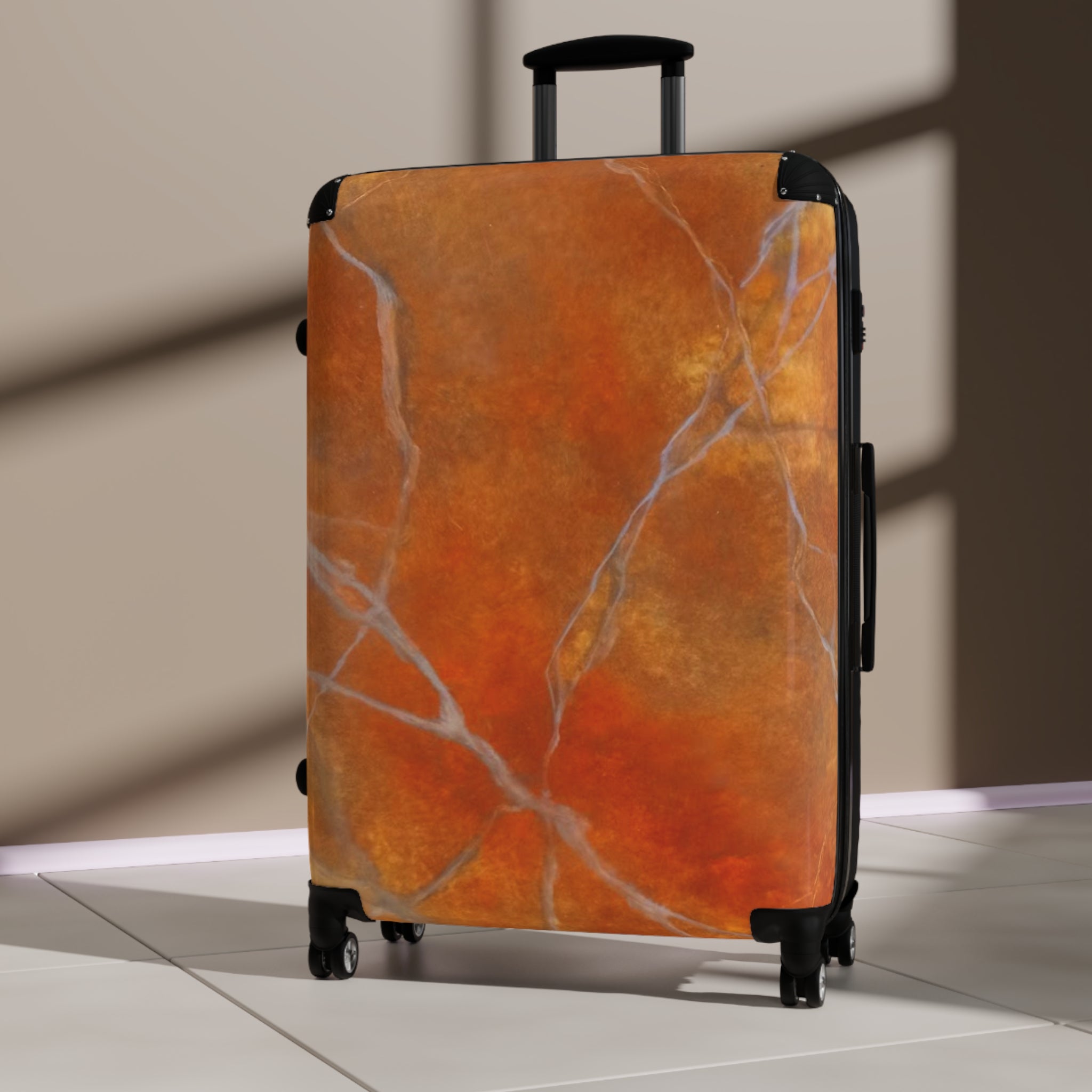 Eye catching Red Orange marble design suitcase with extension option - inner pockets