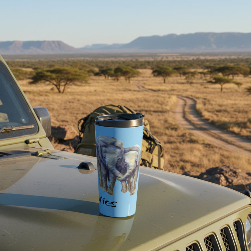 Tough stainless steel travel mug with elephant besties painting 15 oz