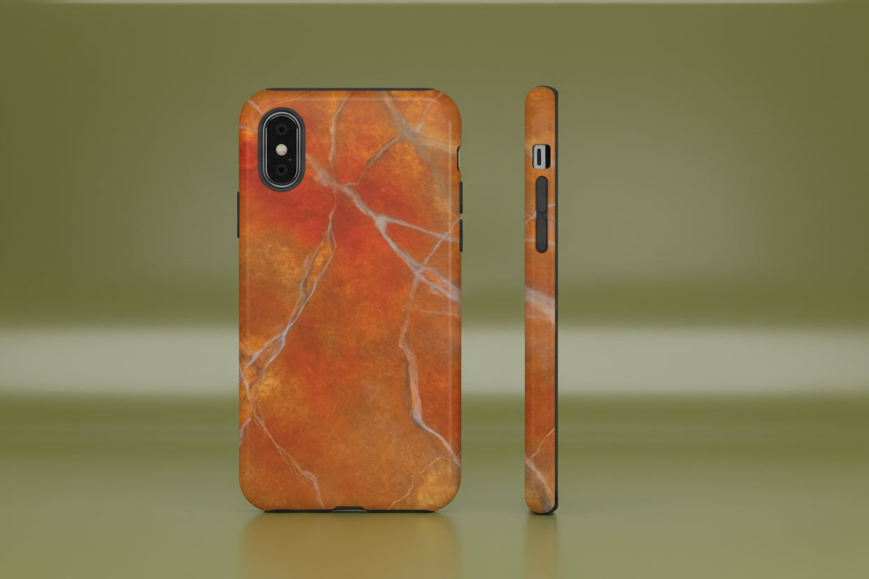 Phone case in sophisticated red orange marble design that is impact resistant tough in glossy or matte finish