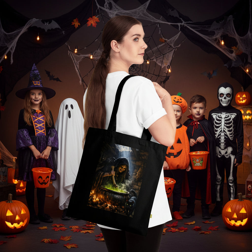 Black Tote for Halloween with scary witchy graphic with cauldron, crow and cat