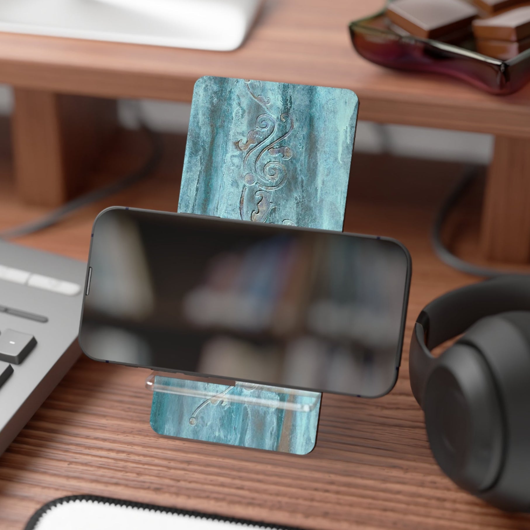 Classy Phone stand in Teal and decorative scroll work
