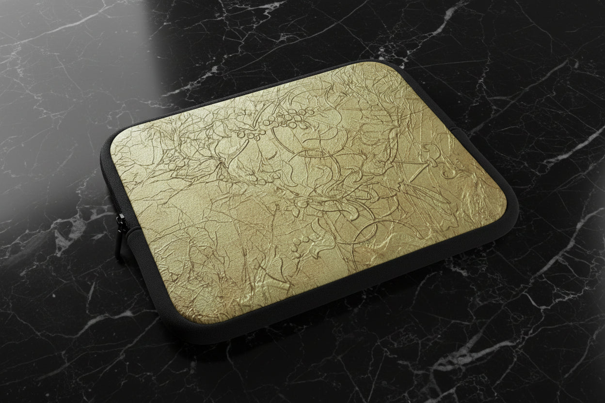 Laptop sleeve with gold abstract pattern has dual zippers