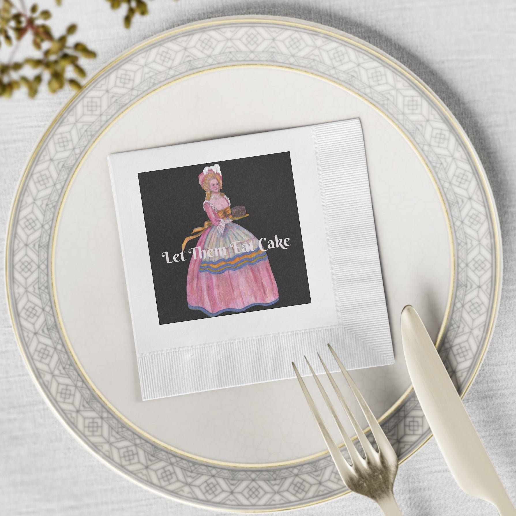 Napkins in Decorative Elegance - 'Let Them Eat Cake' text and Vintage Illustration