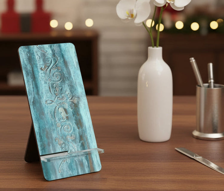 Stylish and Decorative Teal phone stand with intricate scrollwork