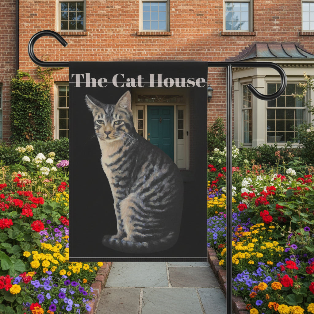 Garden Flag with a cat design and 'The Cat House' text on a black background