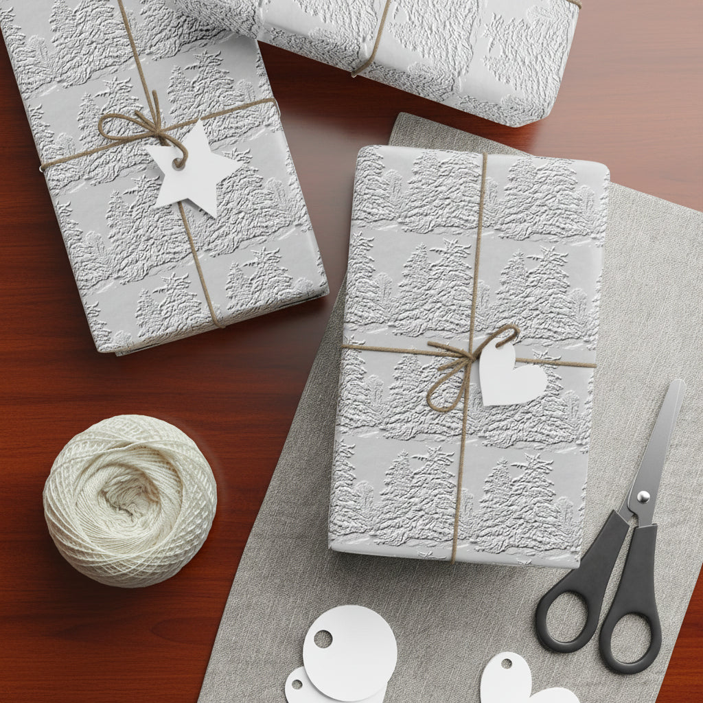 Gift boxes wrapped in textured paper with string and tags on a white surface.