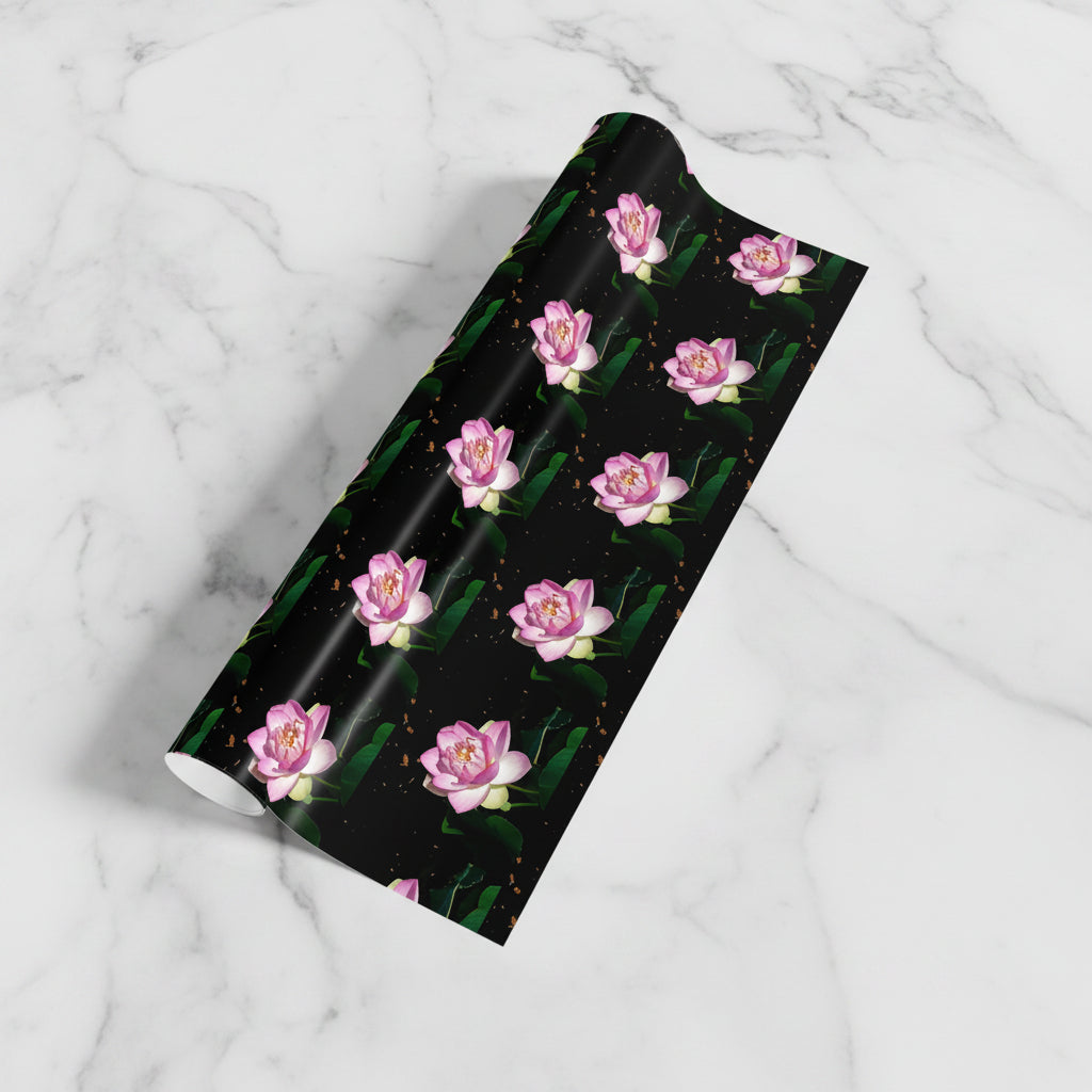 Roll of luxury wrapping paper with silky feel and crisp folds in pink lotus blossoms on dark background