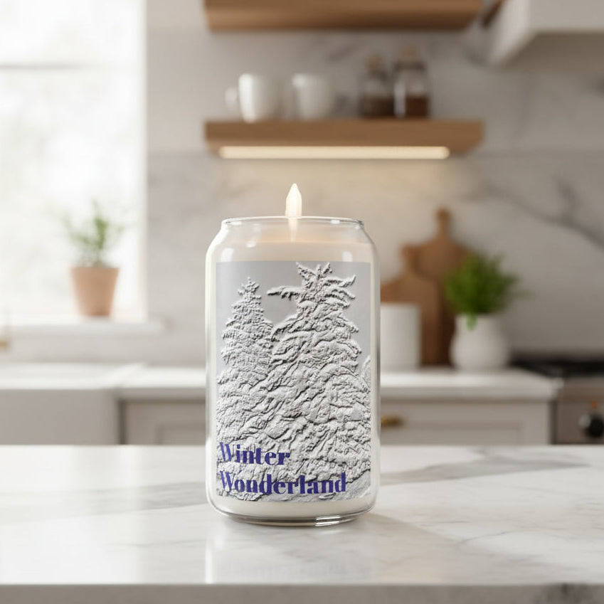 Candle with 'Winter Wonderland' text and embossed snowy pine tree design
