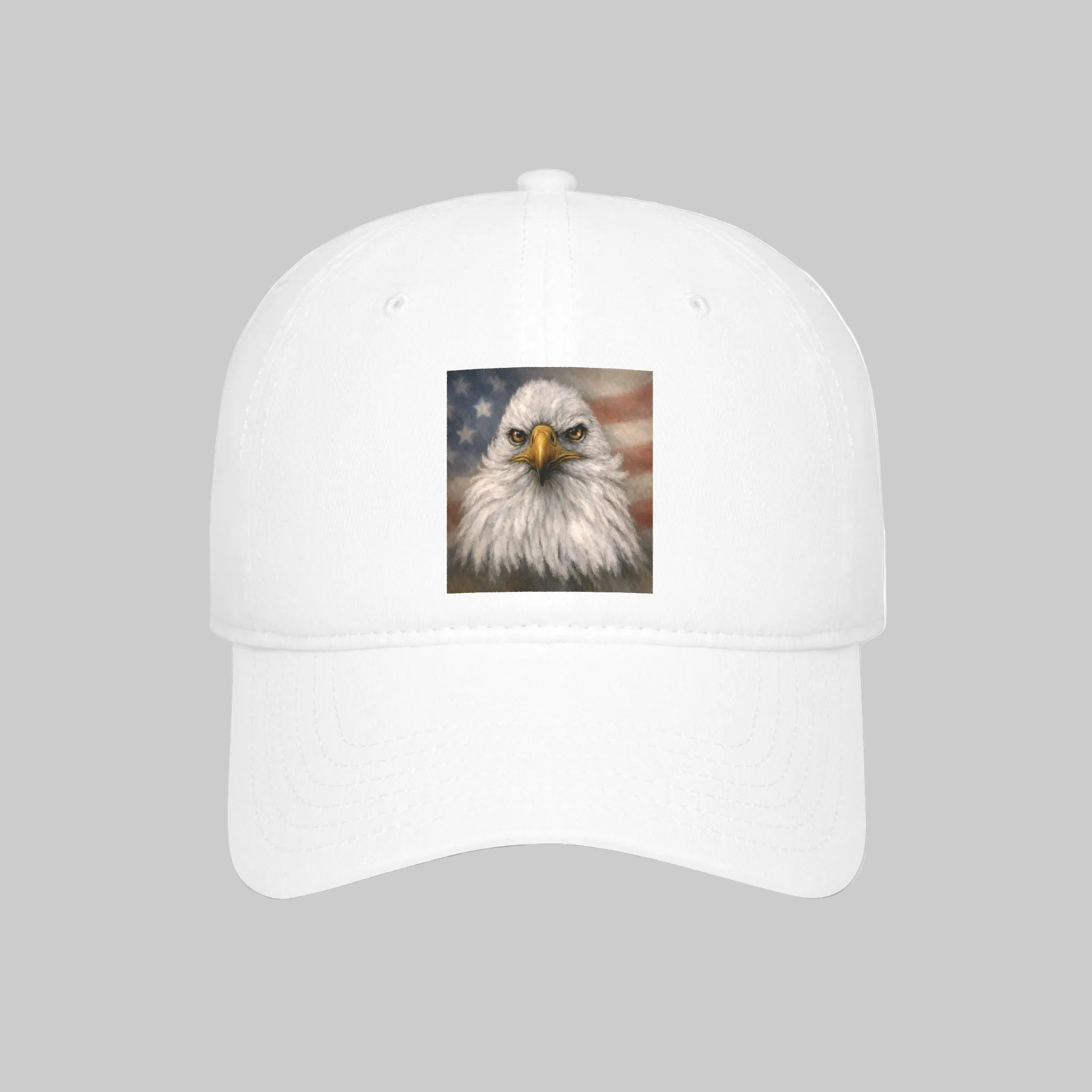 White cap with a bald eagle painting and American flag design