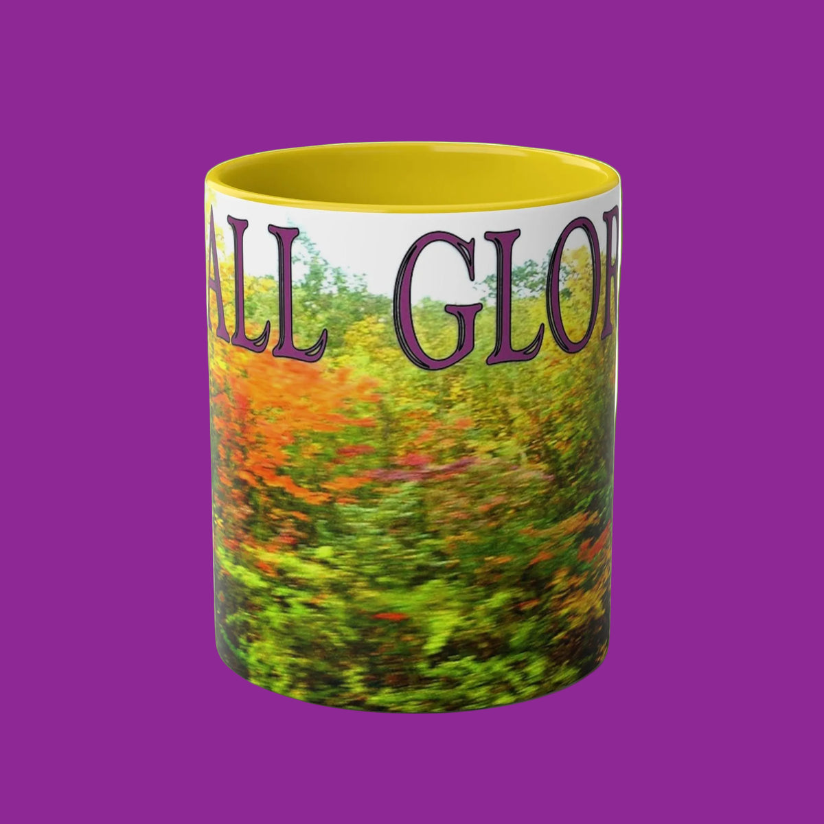 Mug with 'Fall Glory' text and colorful landscape design with yellow interior and handle