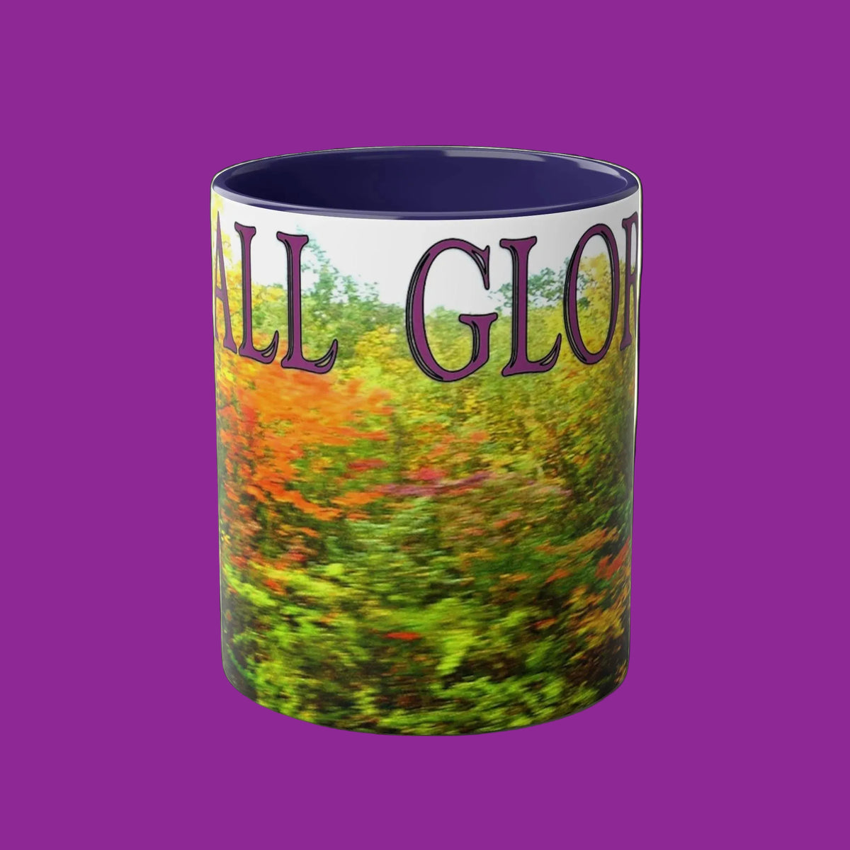 Mug with nature-themed design and 'Fall Glory' text - blue accents