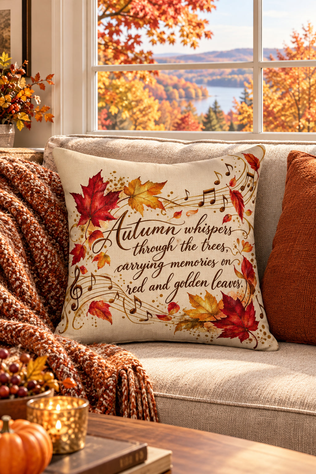 A square beige throw pillow featuring an autumn-themed design with the quote 'Autumn whispers through the trees, carrying memories on red and golden leaves.' The design includes watercolor-style red, orange, and yellow leaves, musical notes