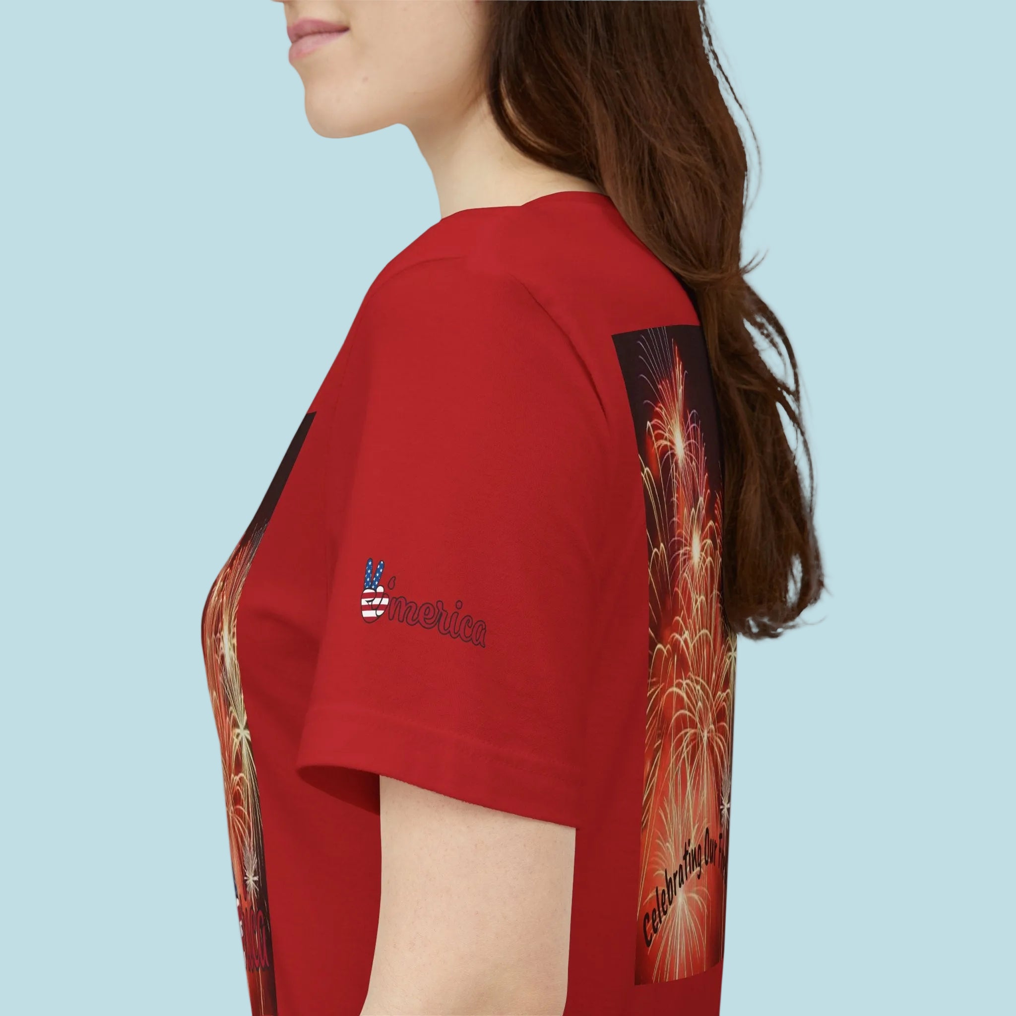 Red t-shirt with colorful sleeves featuring fireworks and text - 5 colors - XS-4XL