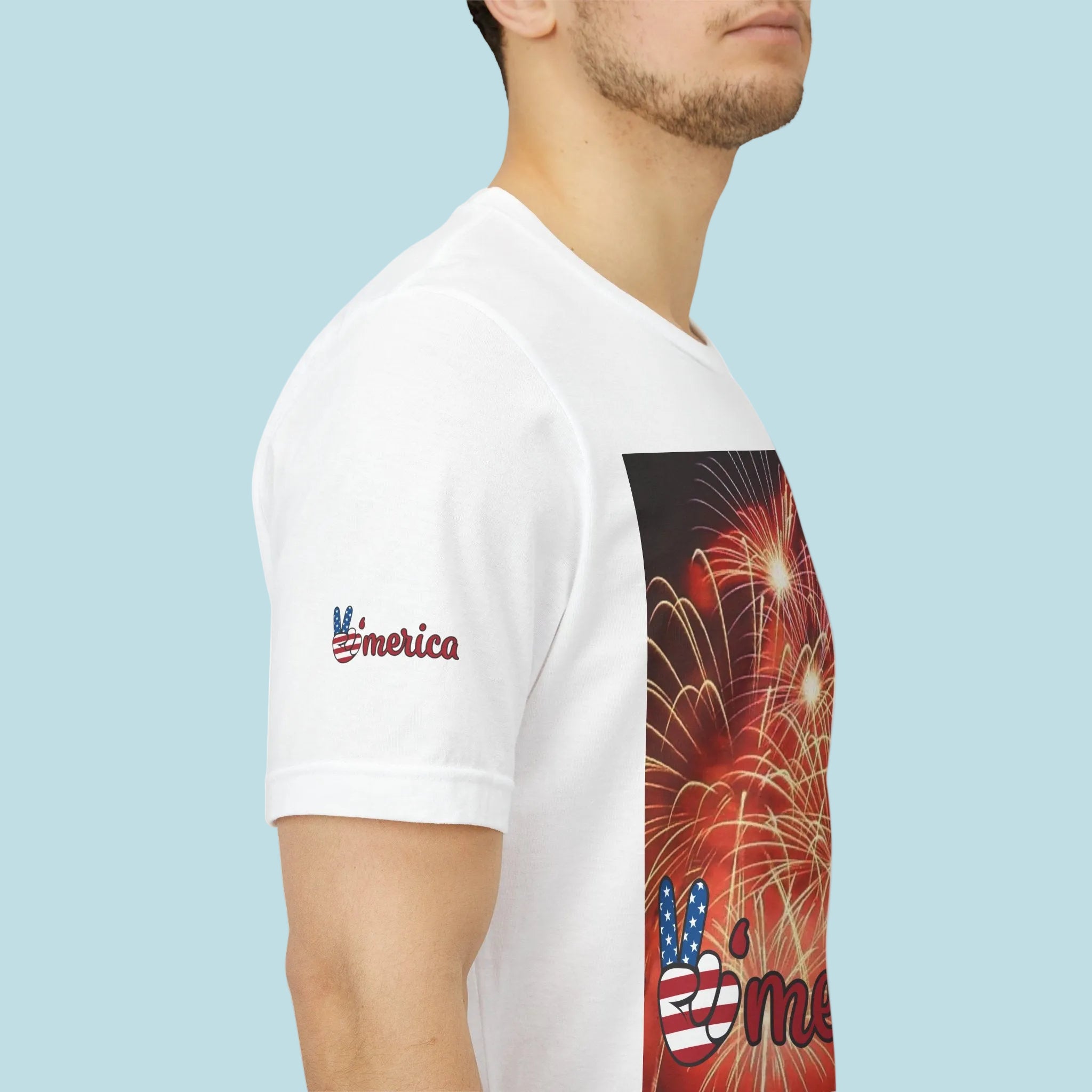 White t-shirt with colorful graphic design on sleeves and front