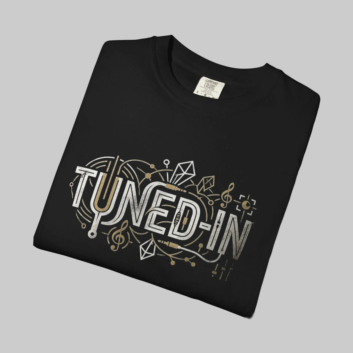 folded tee in Black with Tuned- in graphic