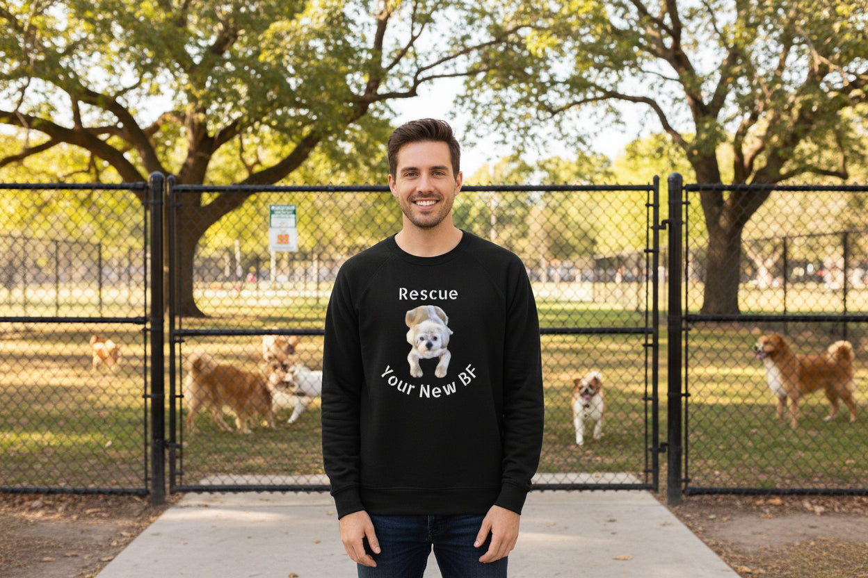 unisex Black shirt with a dog graphic and text to Rescue Your New BF
