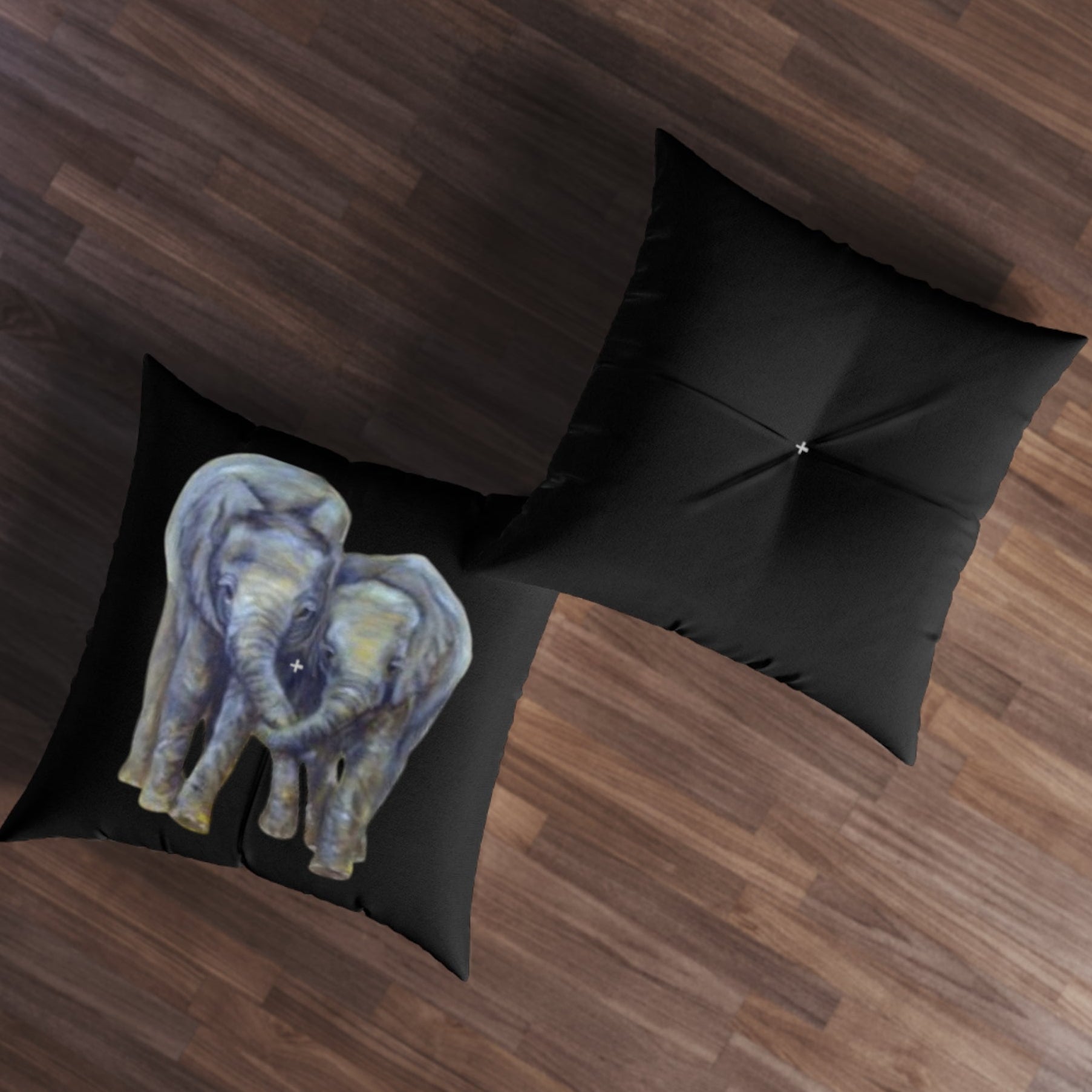 Front and back Black pillow with painted elephants