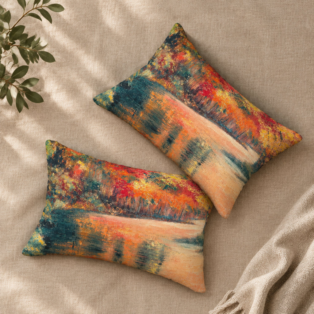 front and back of decorative lumbar pillows with an impressionistic landscape painting print