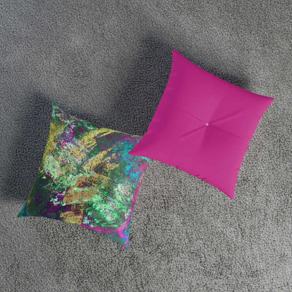 front and back of tufted floor pillows in abstract design