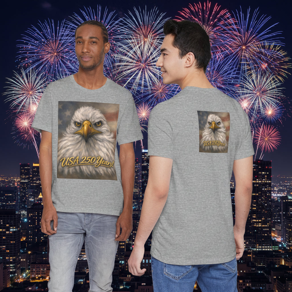 Athletic gray t-shirts with an eagle design and 'USA 250 Years' text.