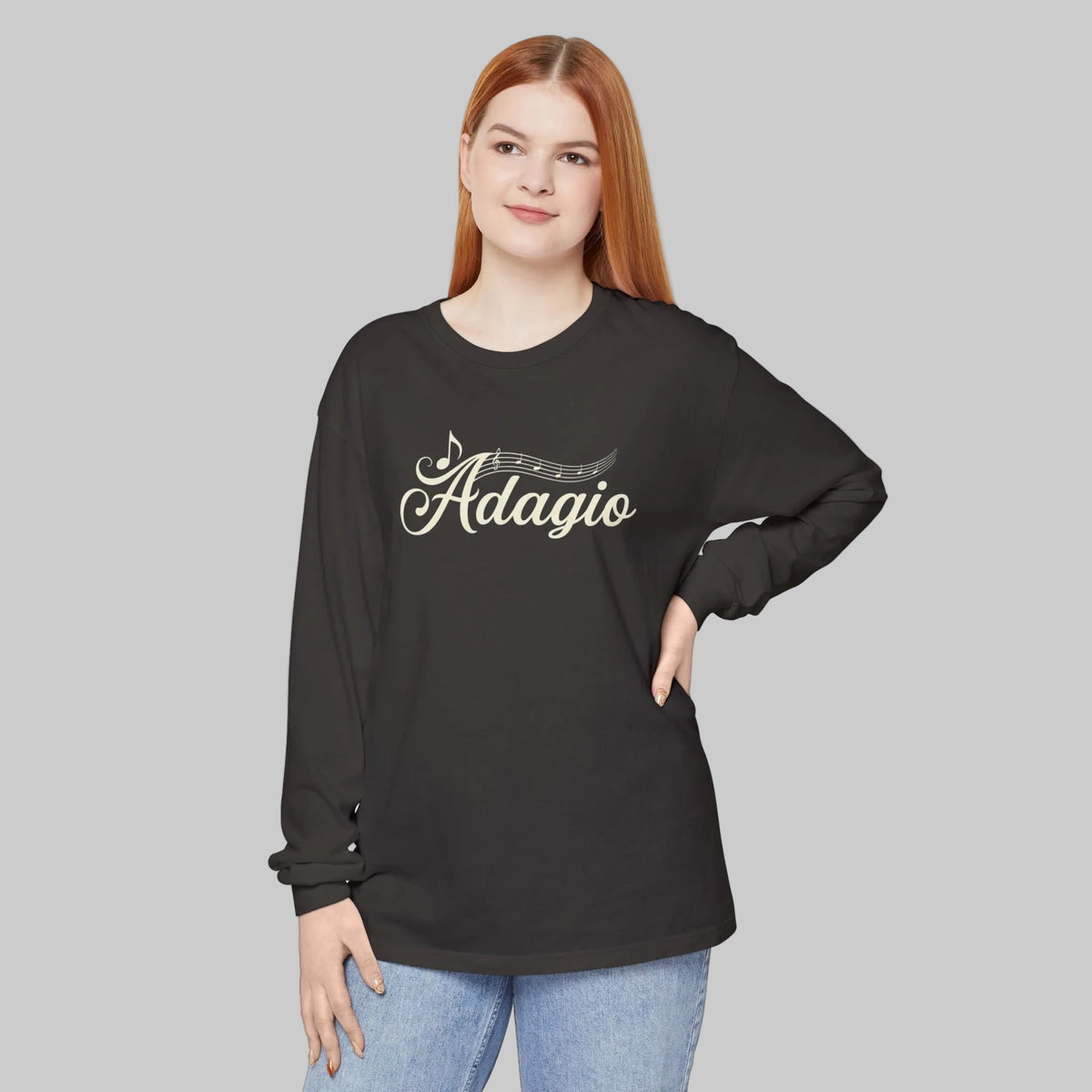 Graphite Tee with Adagio text , crew neck and long sleeves